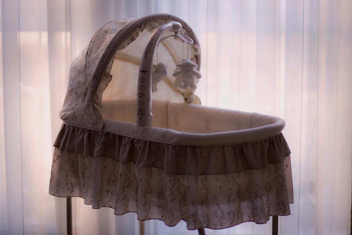 Wicker bassinet with a canopy in a quiet room