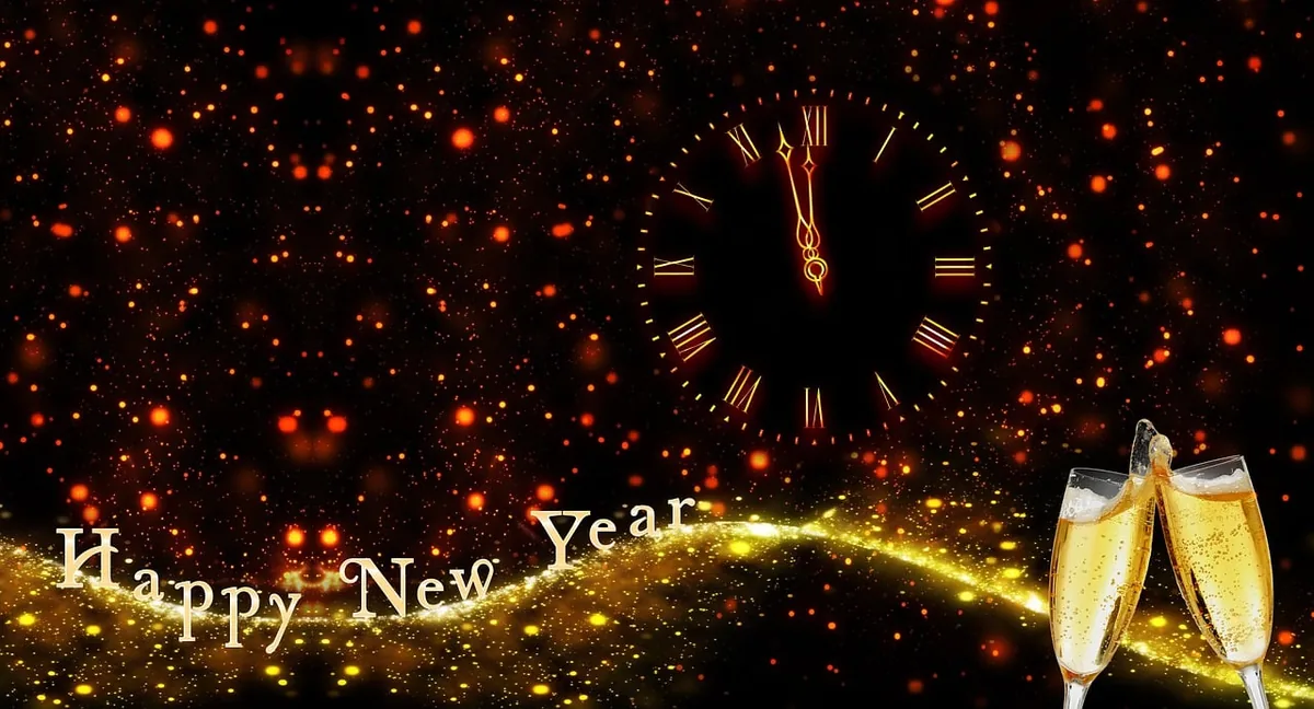 Happy New Year clock counting down to midnight